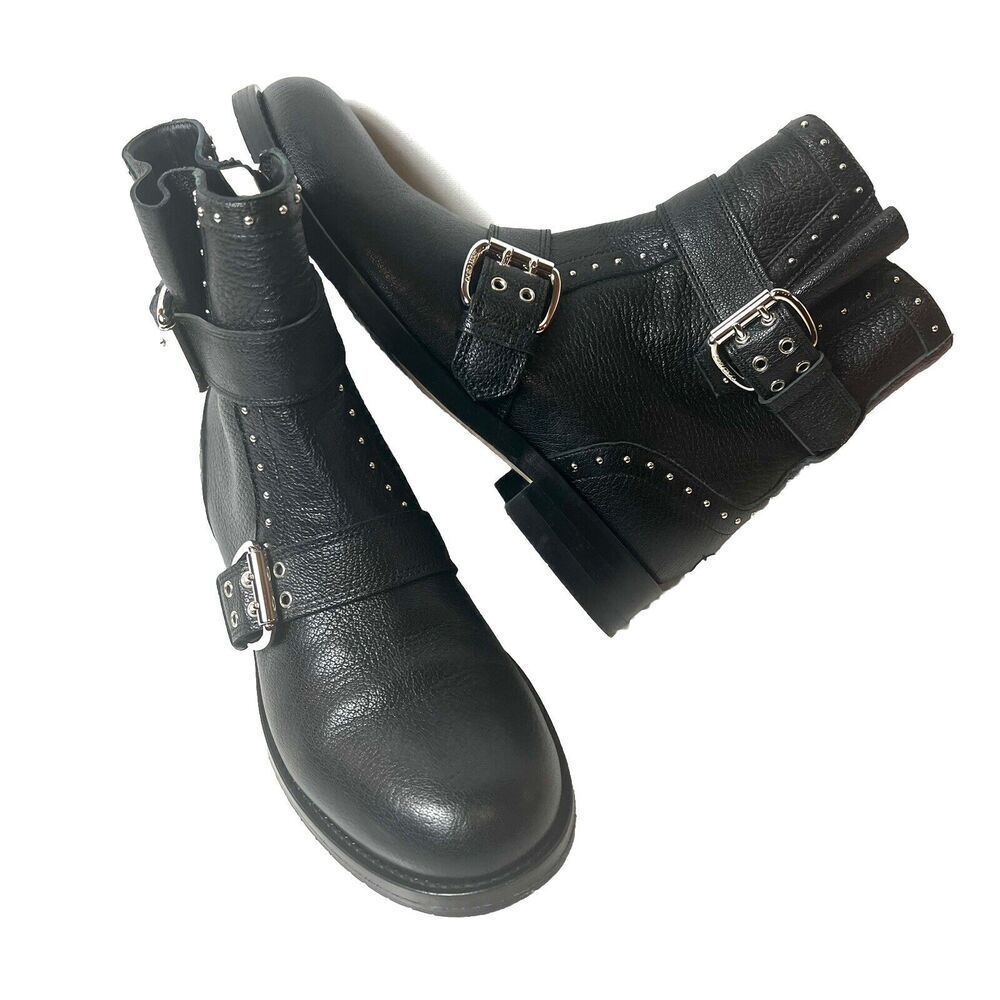 Jimmy Choo Black Leather Moto Combat Boots with Silver Buckles